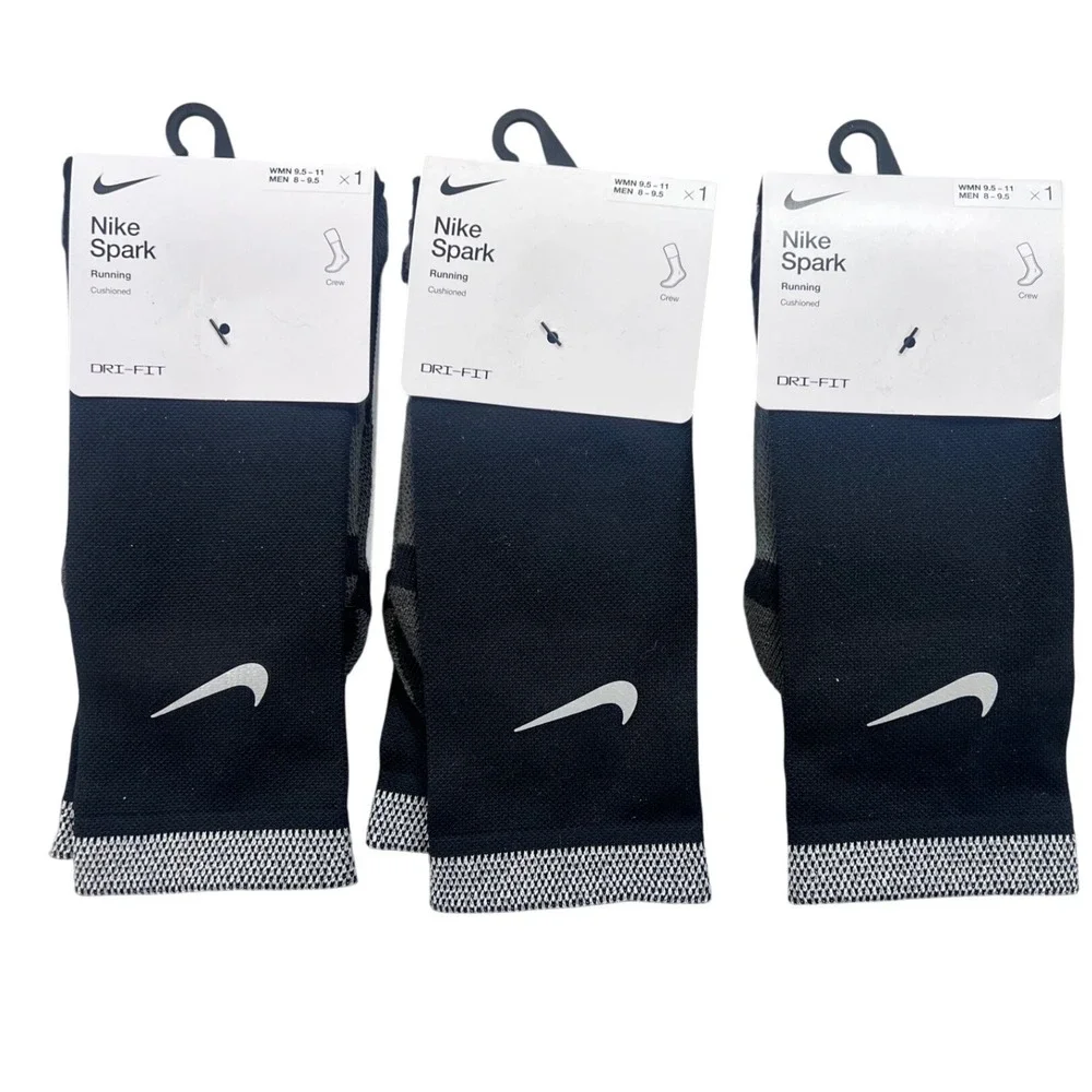 3 Pair Nike Spark Running Cushioned Crew Socks Black Gray Men 8-9.5 Women 9.5-11